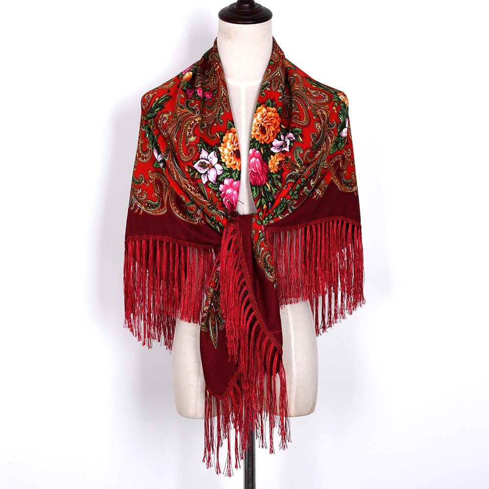 Rysk halsduk ukrainska fransade sjalar traditionella blommiga polska kvinnor hals huvud wrap vintage antik huvud hijab scarf poncho: Vinröd