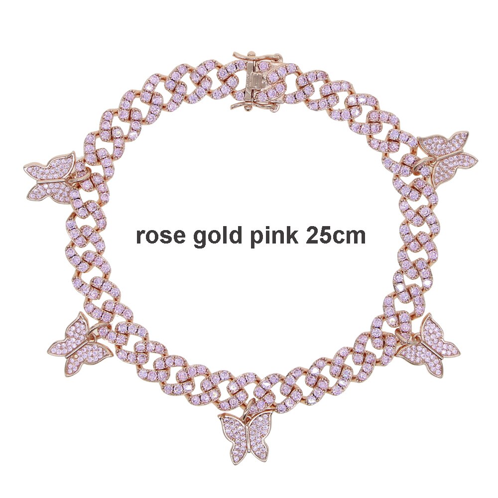 arrived Summer Beach Anklet Foot Leg Jewelry Iced out bling cz cuban chain drip cz butterfly charm anklet jewelry 9" 10": rose pink 25cm