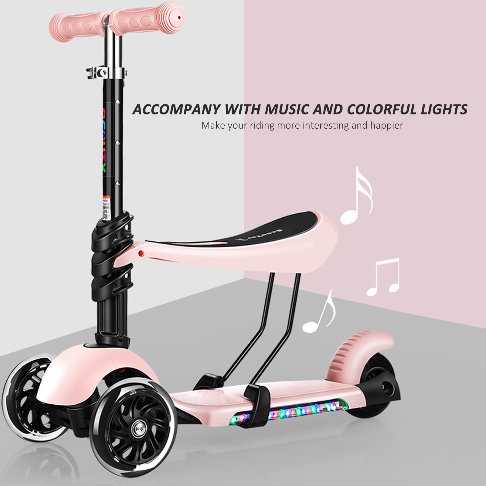 3 in 1 Kick Scooter Three Wheeled Sport Scooter For Kids Toddler Age 2-6 With Adjustable Height Options Seat Handlebar