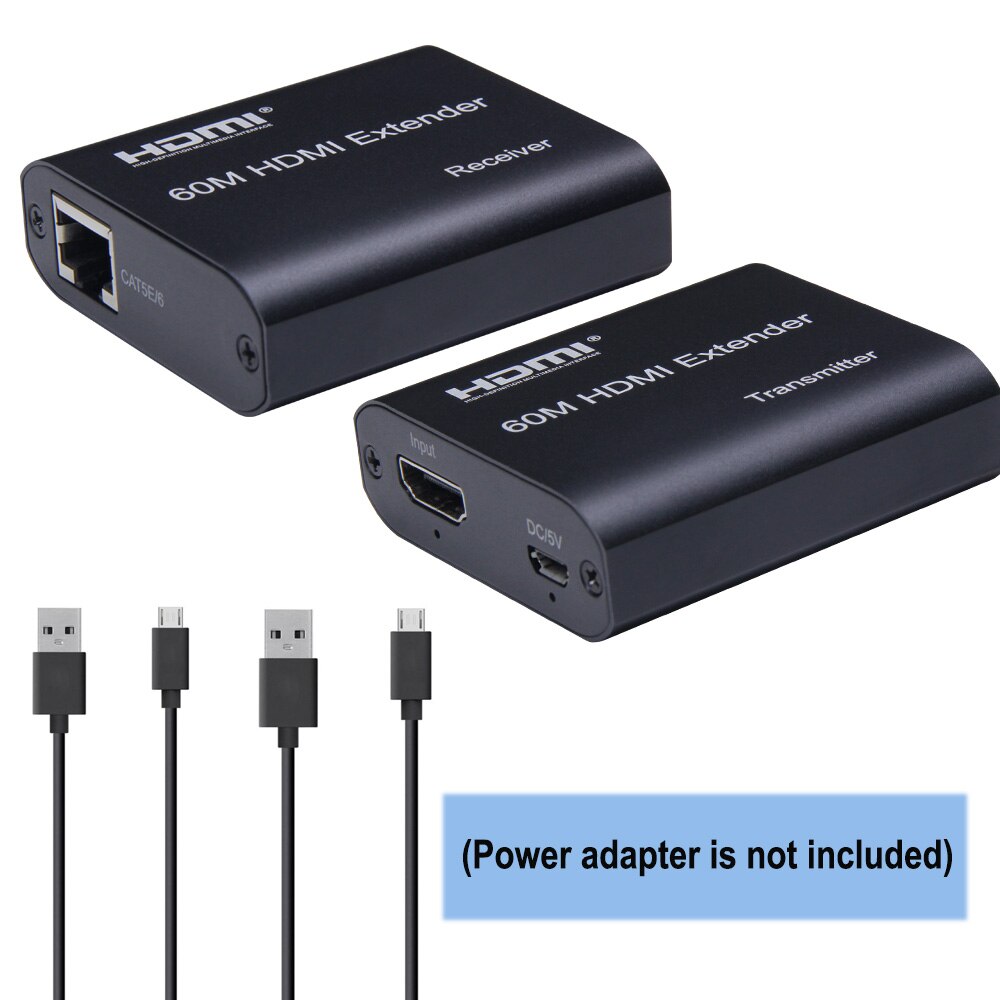 Cable extensor HDMI RJ45 de hasta 60M, extensores HDMI sobre cable Cat5e/6, repetidor extensor Ethernet HDMI 1080P para HDTV, PC, portátil y PS: Negro