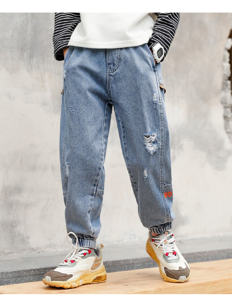 Boys Jeans Kids Boy Letter Print Denim Clothing Classic Long Hole Pants Skinny Jeans Boys Casual Trousers Bottoms
