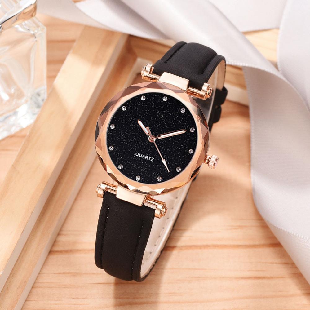 Dameur rhinestone romantisk stjernehimmel armbåndsur dame læderur ur til kvinder relogio feminino montre femme: Sort