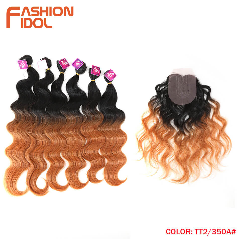 Mode Idol Body Wave Krul Haar 16-20 Inch 7 Stuks/partij 240G Synthetisch Haar Bundels Met Sluiting Midden deel Vetersluiting Fiber: TT2-350A