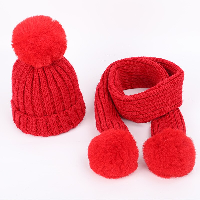 Efterår og vinter varme børns strikkede hat tørklæde sæt all-match pels kugle baby tyk uld hat tørklæde: Rød