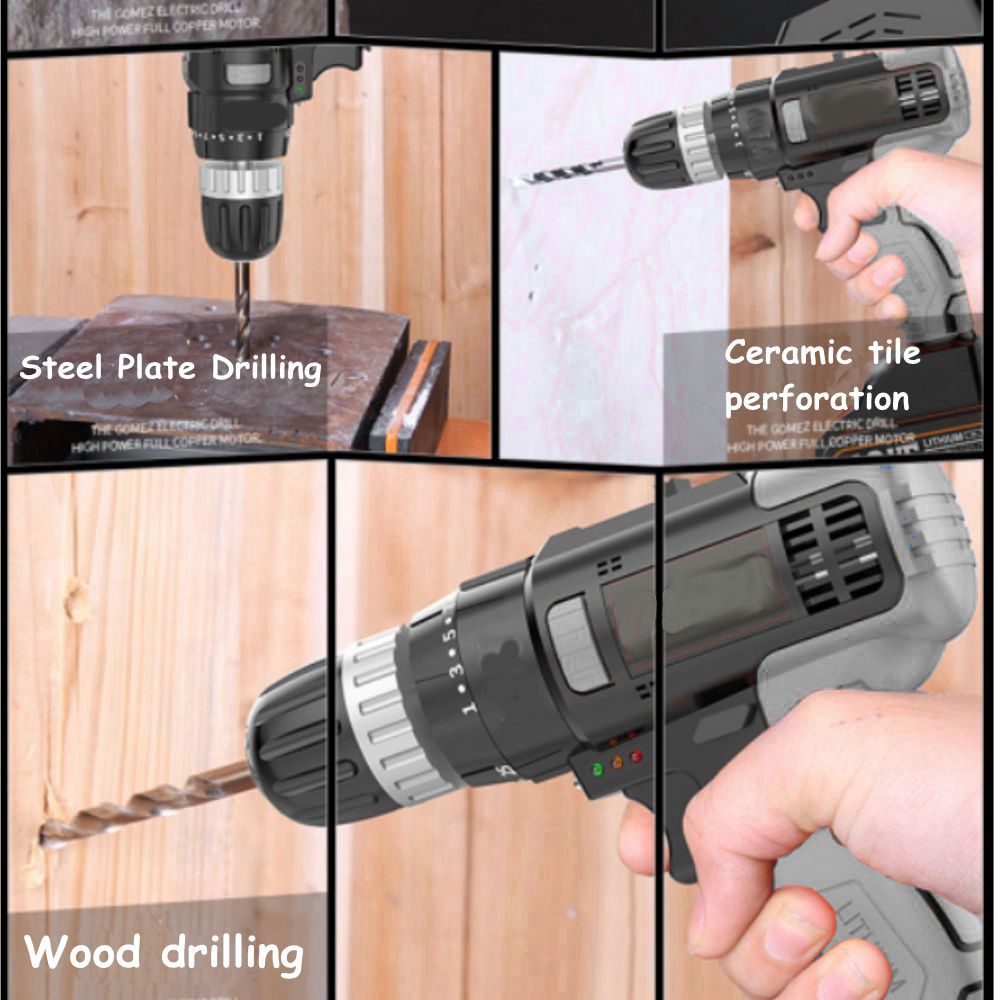 48V 2 Speed 3 in 1 Cordless Electric Drill Screwdriver 25+3 Turque Wireless Power Driver Tools Set with 2 x 6000MAH Battery