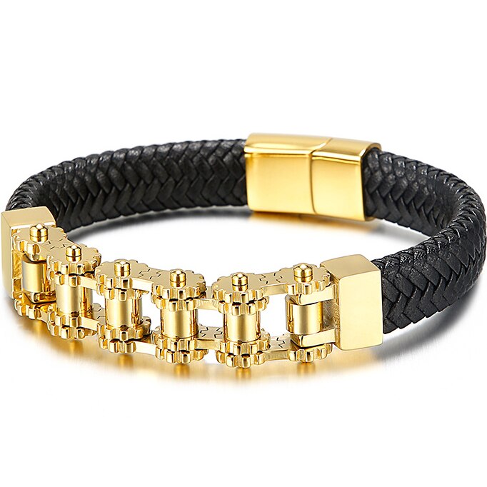 Cool Bike Chain Motorcycle Link Biker Armband Rvs & Lederen Drie Tone Manchet Bangle Armband Mannen: Gold Color