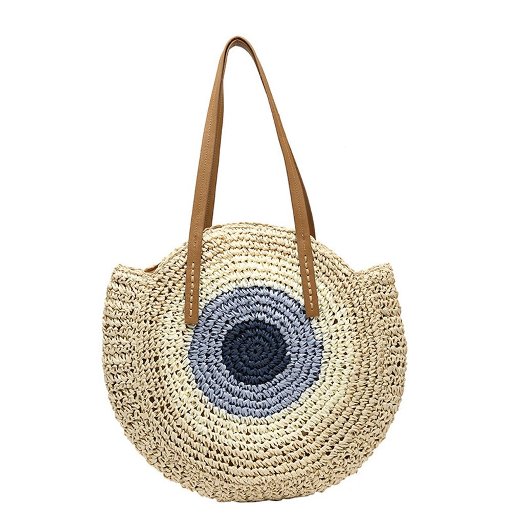 Round Straw Bags Women Summer Rattan Bag Handmade Woven Beach Bag Circle Bohemia Handbag Bali bolso paja#30: Beige