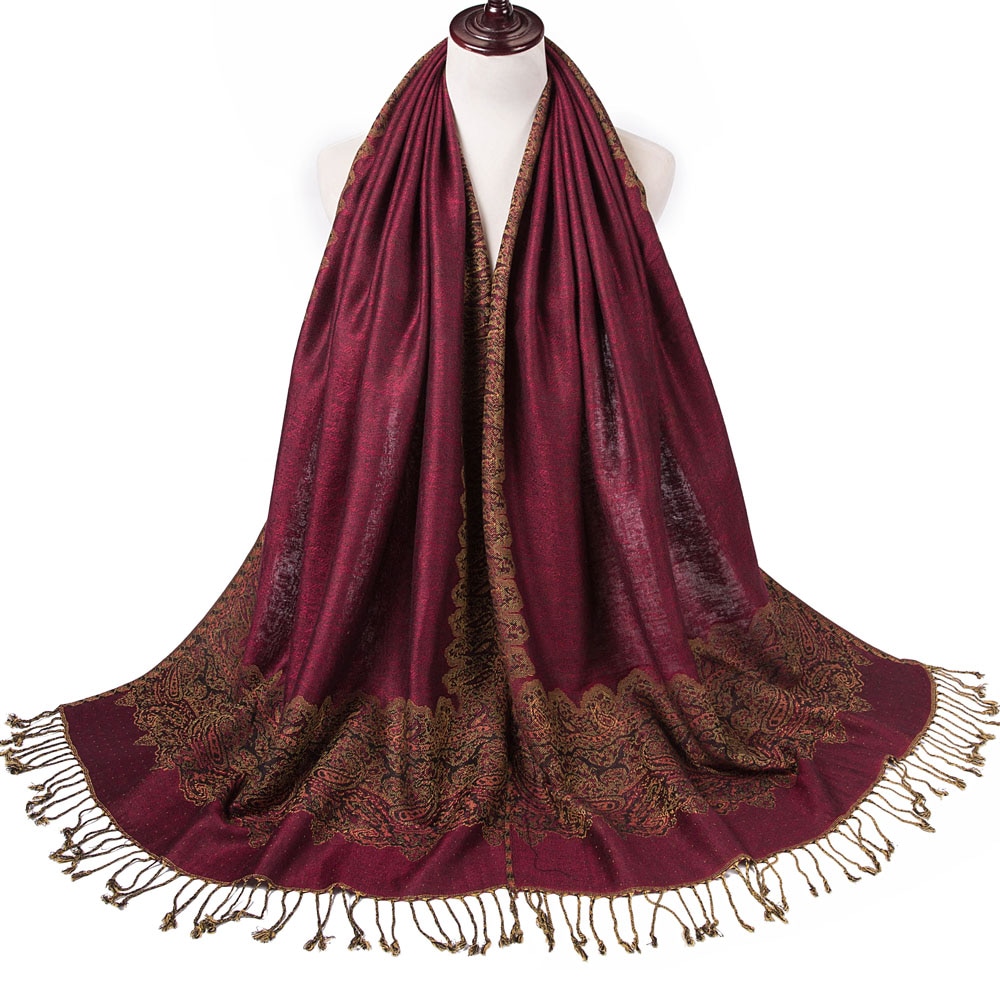 Paisley frontières Pashmina soie 2 tons écharpe enveloppement châle tête foulards léger grand mince glands longs