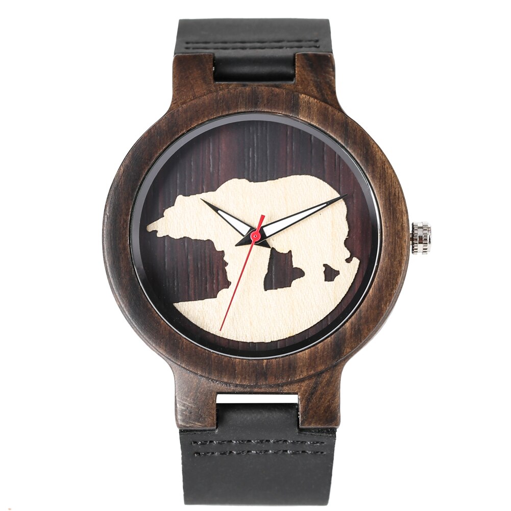 Montre classique en bois de Quartz pratique ours polaire lumineux Silhouette Unique en trois dimensions montre en bois hommes horloge: 4