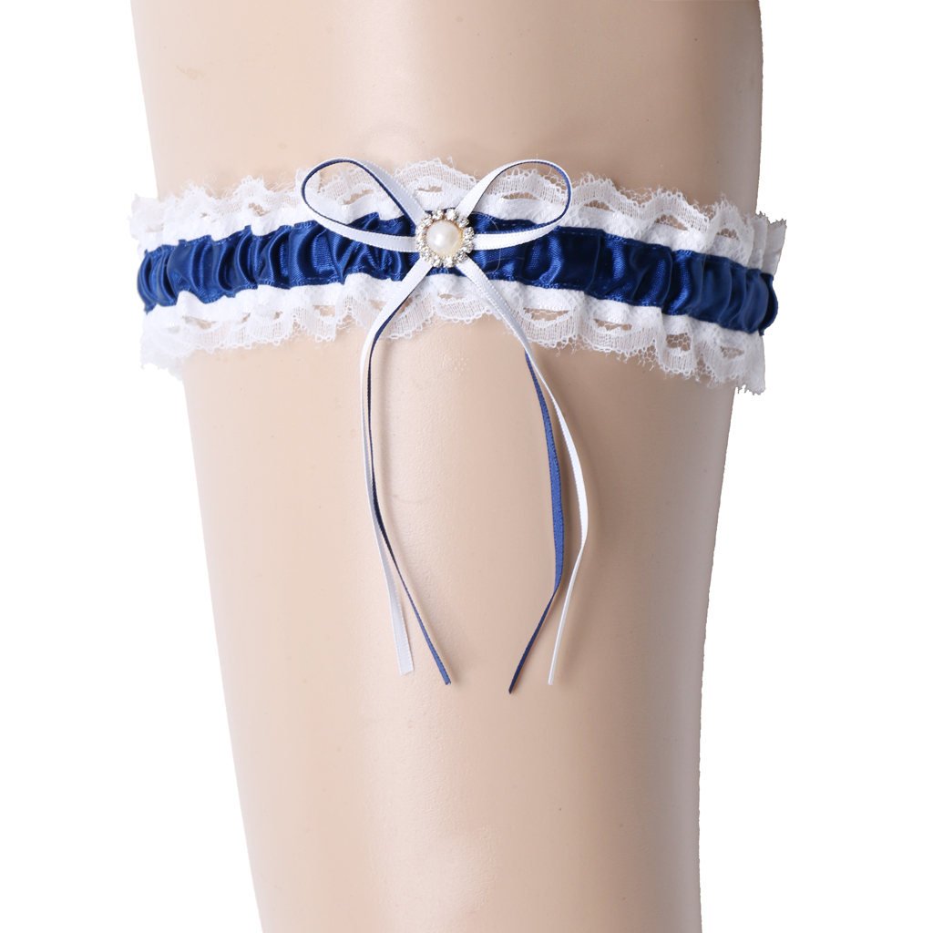 Women's Blue &amp; White Lace Garter Wedding Bridal Garter with Satin Bow