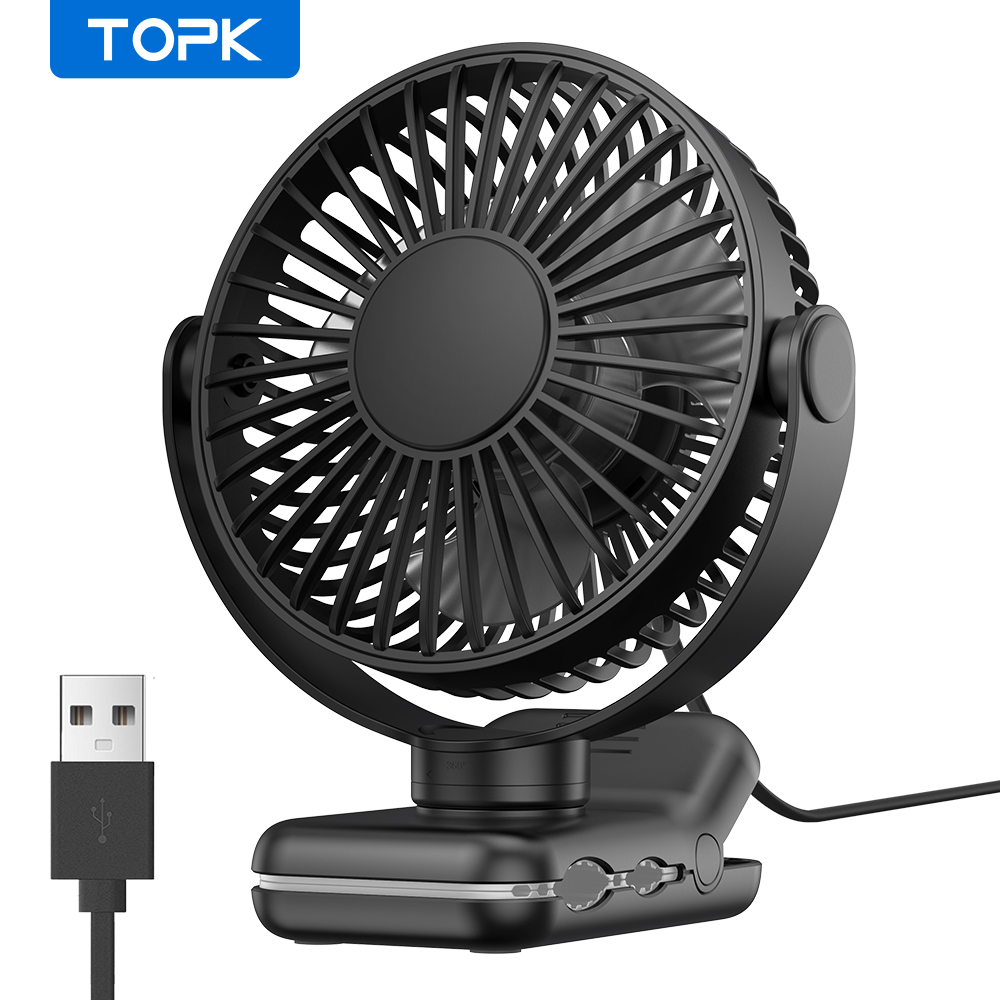 TOPK Mini ventilador portátil con clip, ventilador de escritorio USB, viento silencioso de 3 velocidades 720 ° Ventilador eléctrico personal giratorio, ventiladores de pie para habitación y hogar: Negro