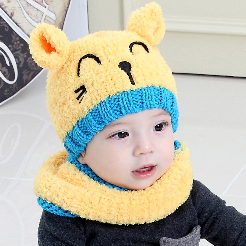 Gorro cálido de invierno para niño y niña, conjunto de bufanda, sombreros de lana tejidos para niña, gorro de gato de dibujos animados, gorrito para niño, gorro para niño
