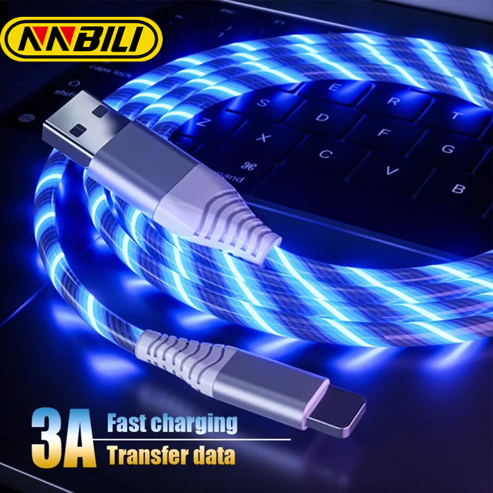 Nnbili 3a lysende opladningskabel led micro usb type c kabel hurtigopladning til huawei xiaomi lysende streamer usb c ledning