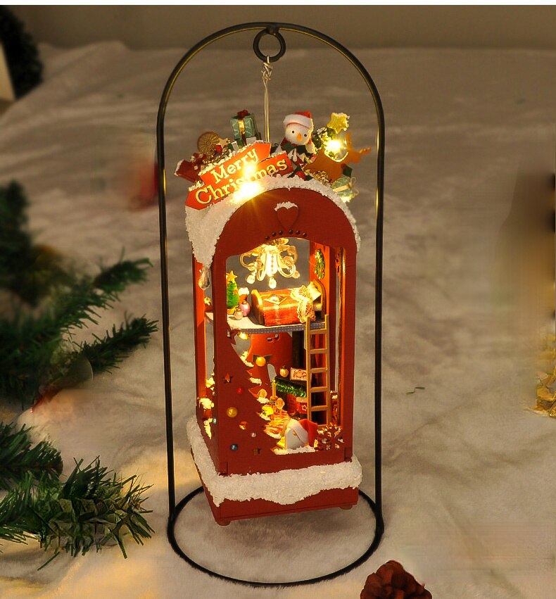 DIY Lantern Cottage Ice and Snow Christmas Handmade Small House Assembly Model Toys Christmas Girl: with metal stand