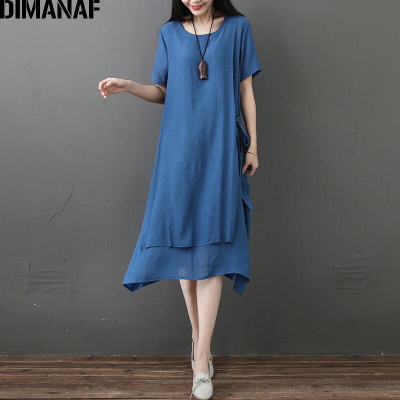 DIMANAF-vestido MIDI holgado informal de algodón y lino para verano, traje holgado Estilo Vintage para mujer, talla grande,