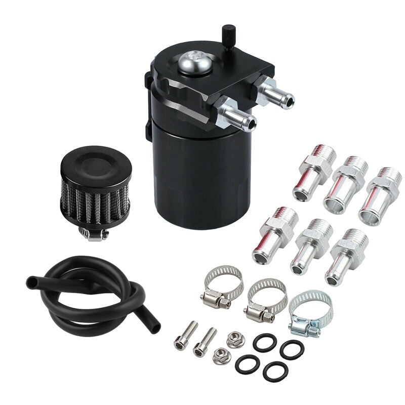 Oil Catch Reservoir Breather Can Tank +Filter Kit Cylinder Aluminum Engine Black: Default Title