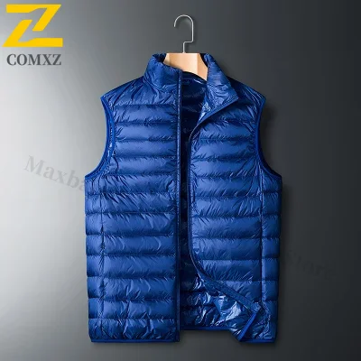 ​ ​ Heren effen donsvest witte eendenveren sport winter casual jas lichtgewicht warme mouwloze jas met standaard colla: 5XL / Blauw