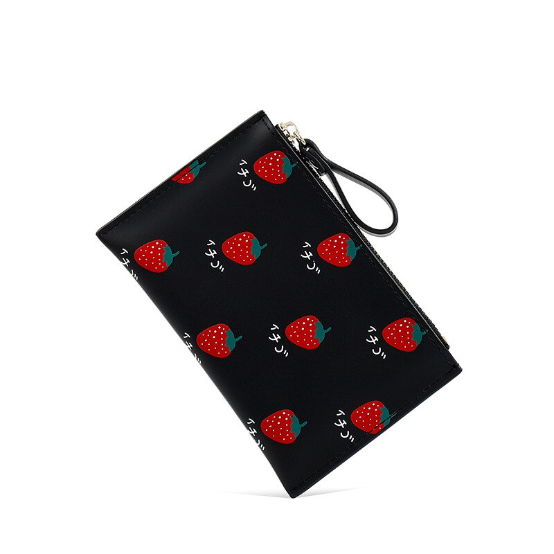 PURDORED 1 Pc Cute Women Card Holder Small Fruit Patterns Credit Card Case PU Female Minimalist Zipper Mini Coin Purse Wallet: black  strawberry