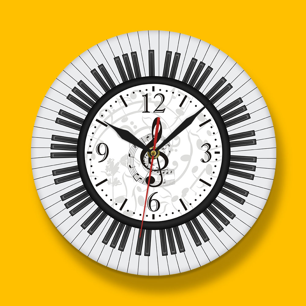 Rounded Piano Keyboard Treble Clef Wall Art Printed Acrylic Wall Clock Musical Notes Wall Watch Music Studio Decor Pianist