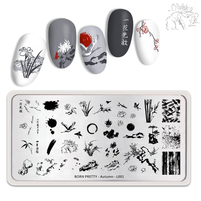 Nagelstempelplaten rechthoekige nagelsjabloon bloemen bladeren geometrische patronen manicure nagels stempelplaten herfstthema: L001