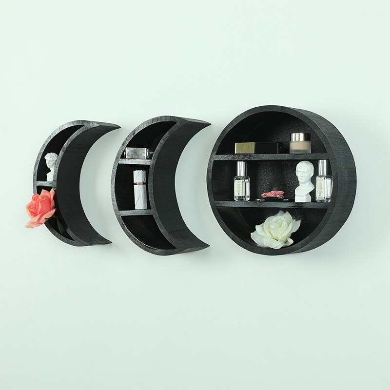 Estante de Luna Triple de madera para decoración de pared, estante de madera de fase lunar, estante de aceite esencial de luna creciente, Estilo bohemio