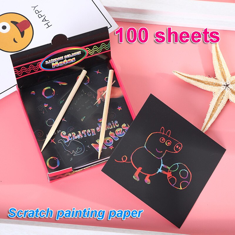 100 Vellen Diy Magic Color Scratch Art Paper Schilderen Kaart Met Graffiti Stencil Voor Tekening Stok Educatief Kinderen Speelgoed ,speelgoed knutselen kinderen educatief speelgoed crayon stylus pen