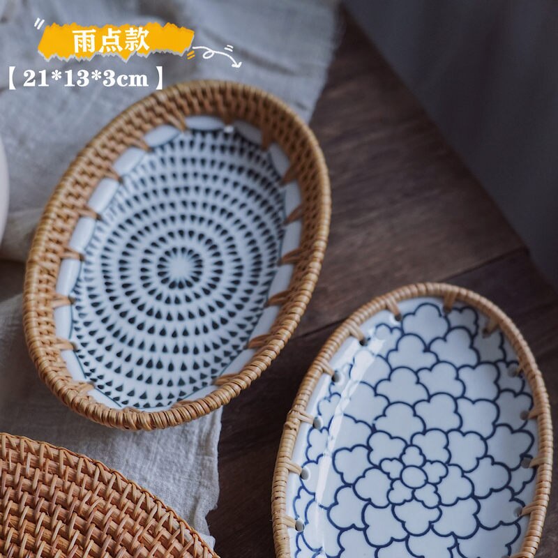 Plato de empalme de porcelana de ratán, platos de cerámica de postre de fruta hechos a mano, platos de almacenamiento para el hogar, plato de baratija ovalado, Producto respetuoso con el medio ambiente
