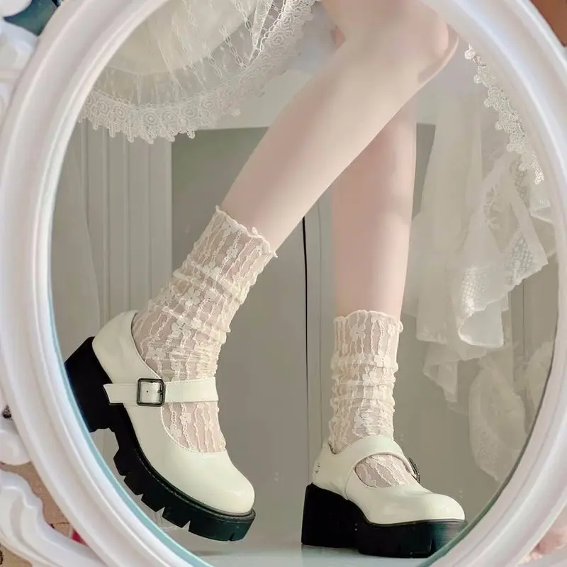 Lolita Sweet White Pile Socks para Mulheres, Mesh Fishnet, Thin Nylon Silk, Retro Flower Lace, Ladies Hollow Transparent Crew Socks: Preto