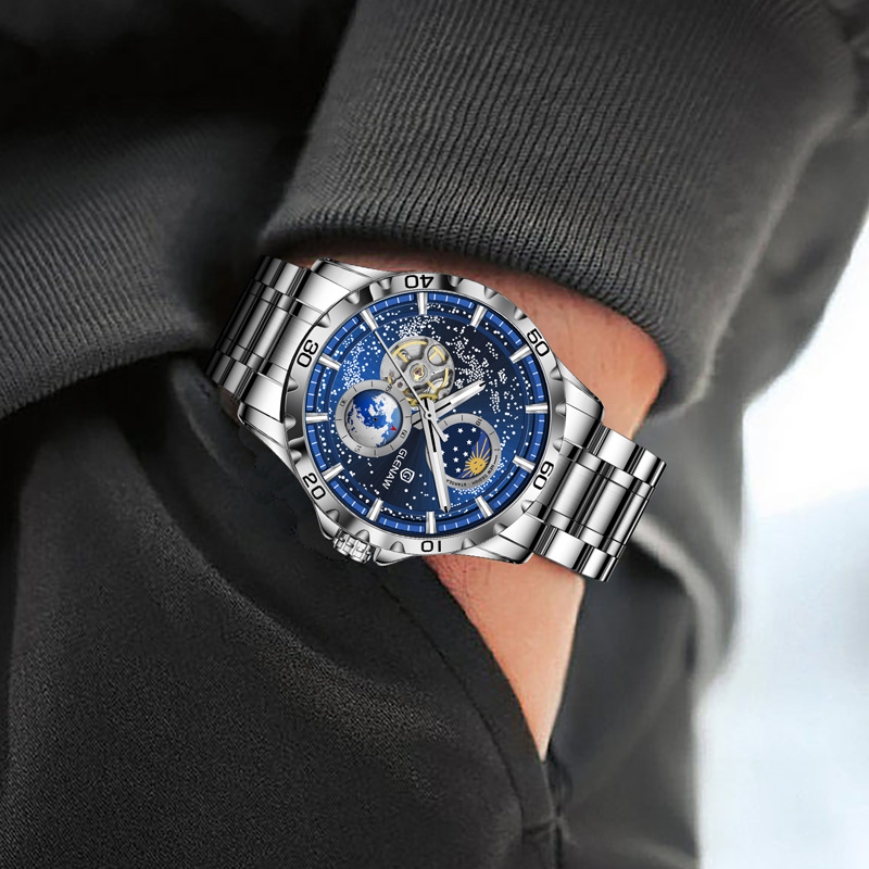 GLENAW Rotierende Erde Doppel Sekundenzeiger Armbanduhr Männer Automatische Mechanische Uhr Sternenhimmel Edelstahl Leder Armband