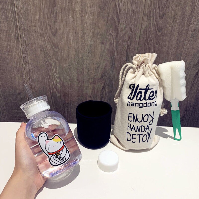 500ml chat chanceux bouteille en plastique sans BPA dessin animé Transparent/givré bouteilles d'eau étanche Drinkware mignon étudiant tasse: 10