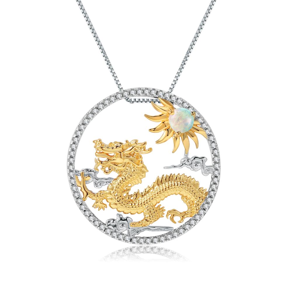 GEM'S BALLET Natural African Opal Gemstone Chinese Zodiac Jewelry 925 Sterling Silver Flying Dragon Pendant Necklace For Women