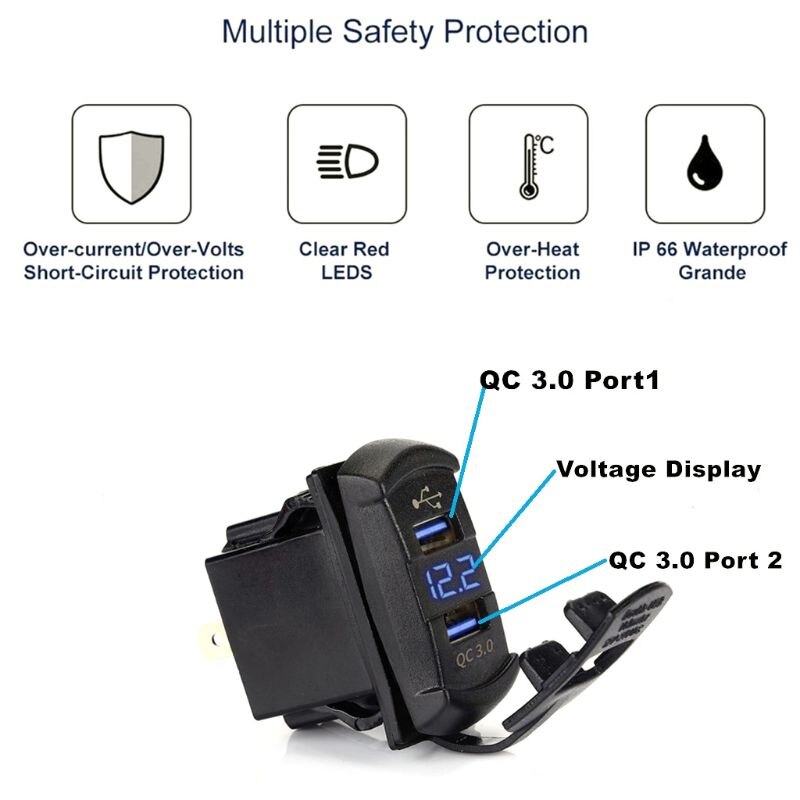 Quick Charge 3.0 Dual USB Rocker Switch QC 3.0 Fast Charger LED Voltmeter for Boats Car Truck Motorcycle Smartphone Tablet