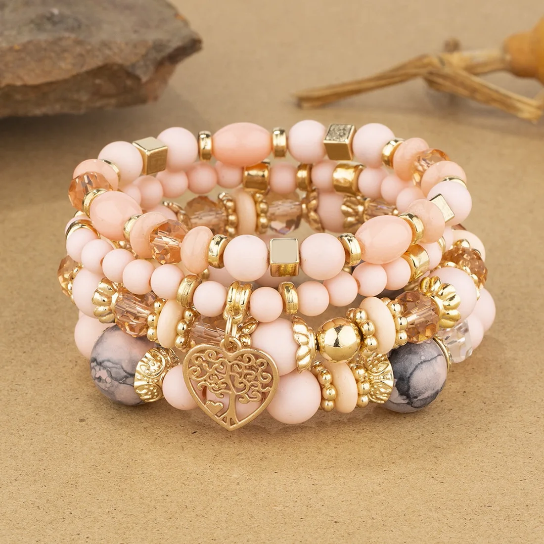 Conjunto de pulsera de cadena de cuentas acrílicas para mujer, brazalete elástico con dije de árbol de la vida, accesorios de joyería bohemia, 4 Uds.: Color dorado