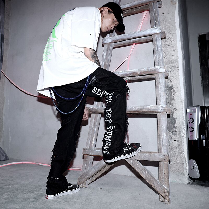 Uncledonjm destroy jeans til mænd gotisk bogstav broderede herre jeans graffiti high street hip-hop mænd tøj bukser  ed947