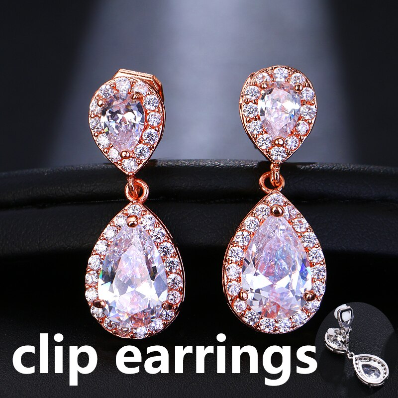 Leaf Zircon Clips Earrings for Women Silver Color Water Clip Earings Long Crystal Wedding Ear Cuff Jewelry: Clips RoseGold E721