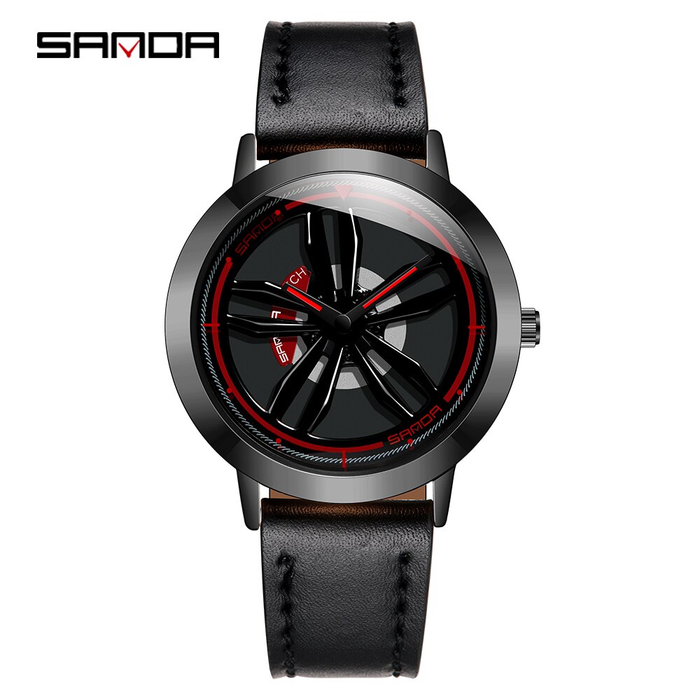 Rotating Wheel Dial Men Watches Car Rim Sports Quartz Watches Waterproof Leather Band Watches Relogio Masculino: With scale black