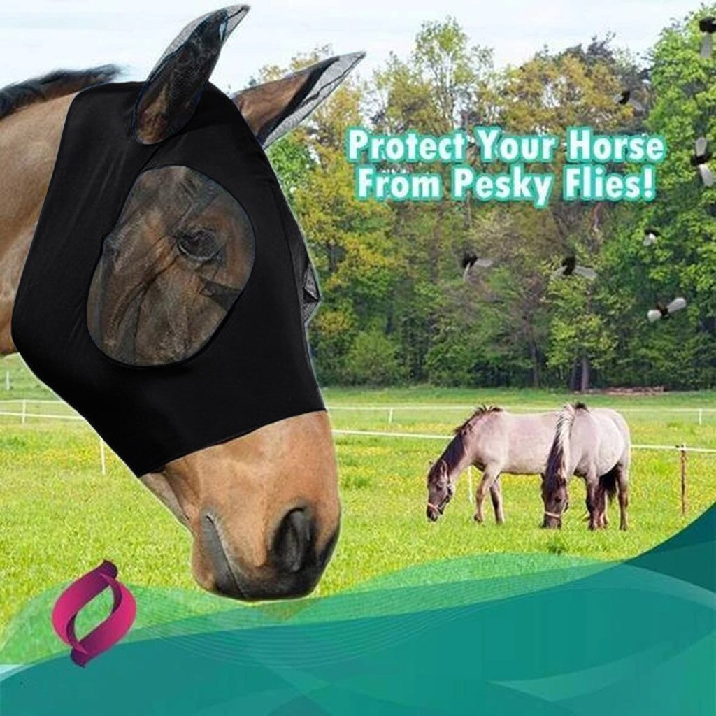 Anti-Fly Mesh Equine Mask Comfort Fit Fly Mask Protects Eyes and Ears Horses UV Protection Face Cover Farm Animal Supplies