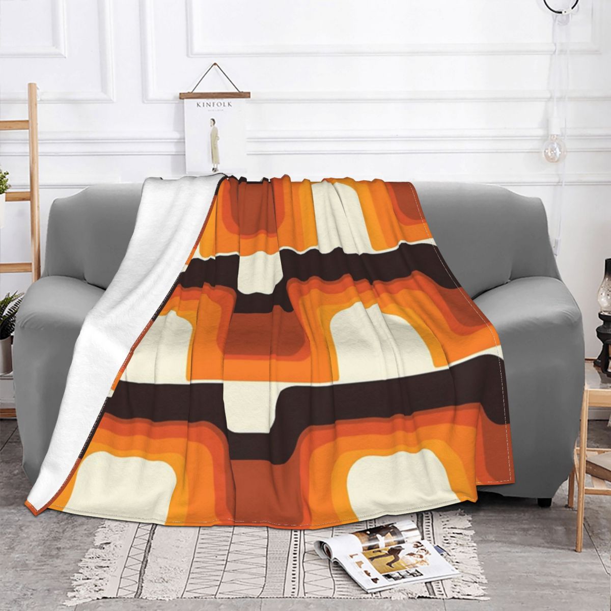Manta naranja moderna de mediados de siglo cumple con los años 1970, colcha de cama a cuadros, colcha de 90, alfombra de oración islámica 135: 125x150cm