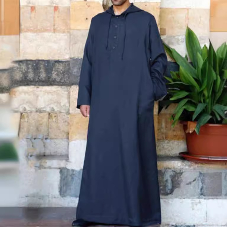 Muslim Man Hooded Long Abaya Leisure Cotton Kaftan Jubba Men Adults Jubba Thobe Islamic Tunic Saudi Arabic Dress Kamis Homme: S / Blue