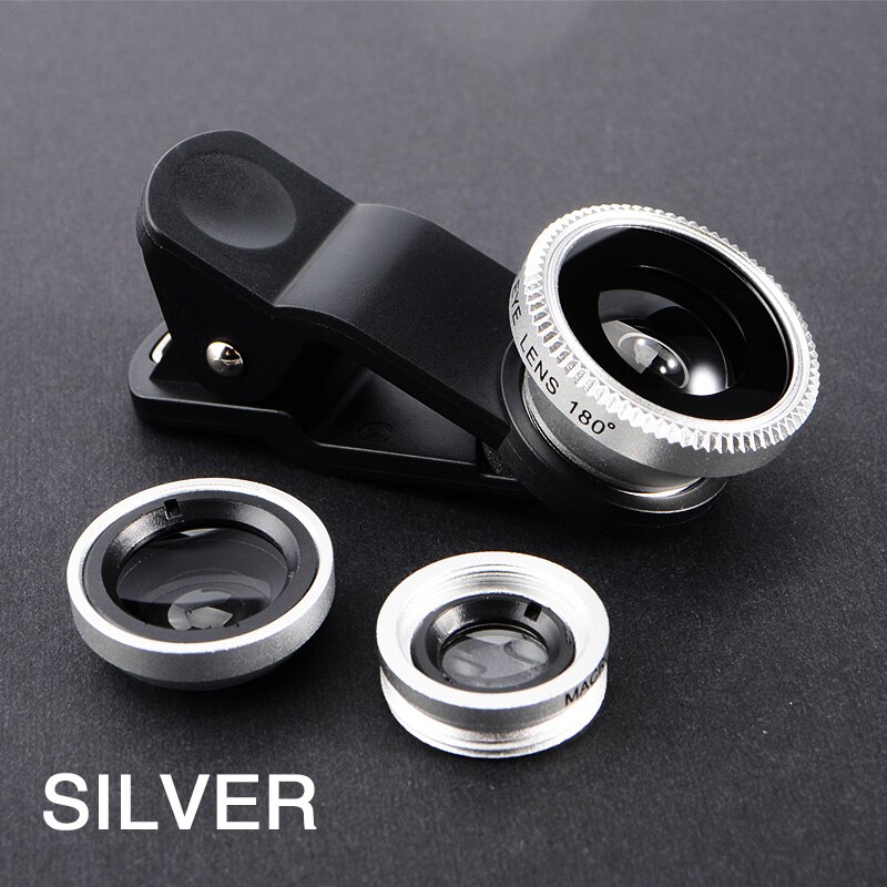 Lentillas de ojo de pez para teléfono móvil, Kits de lentes de cámara de gran angular para iPhone, Samsung, Huawei, Xiaomi Oneplus 7: Plata