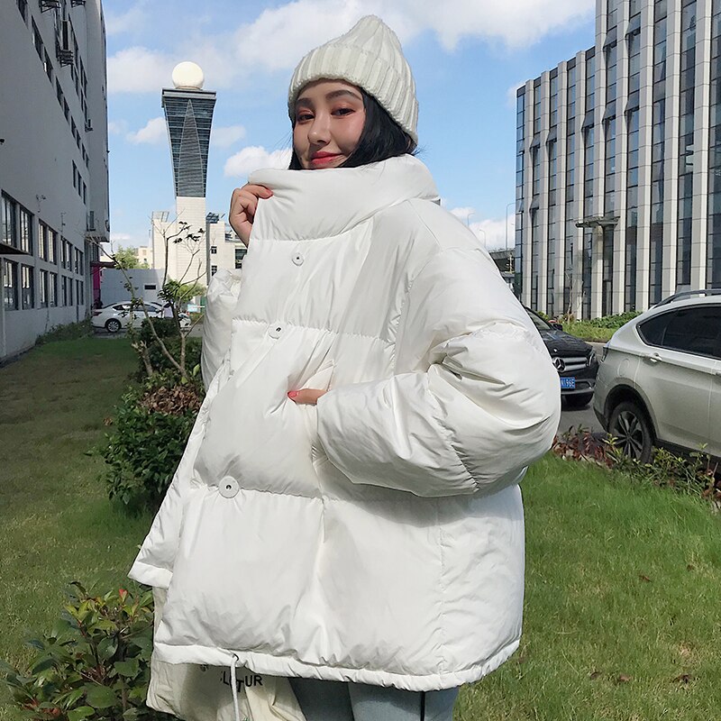 Løse damejakker til vinter koreansk stil solid kvinde parkaer brødjakke stander krave tyk bomuld kvindelig kold frakke outwear