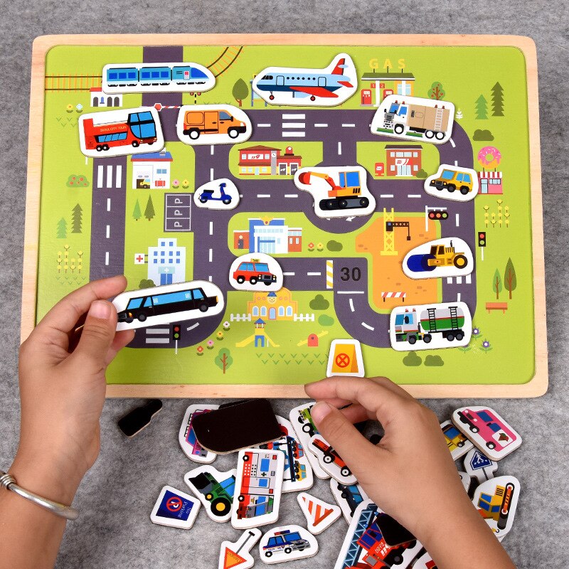 Puzzle magnetico in legno gioco di veicoli per animali e traffico bambini giocattoli per l&#39;apprendimento educativo precoce Puzzle per bambini