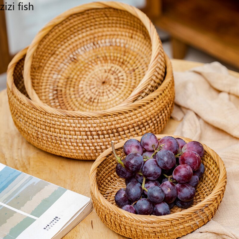 Rattan Fruit Plates Storage Basket Nut Dried Fruit Tray Bamboo Weaving Baskets Household Snack Candy Storage Containers