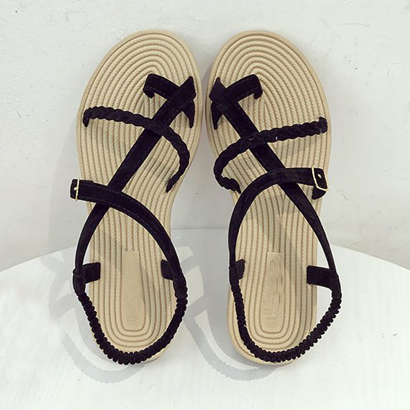 Cross Belt Summer Gladiator Sandals Buckle Sandalia Feminina Women's Beach Sandals Non-Slip On Shoes Lady Black
