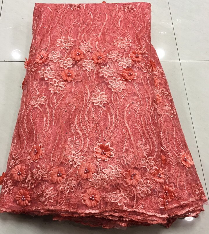 African Laces Fabrics Embroidered Nigerian Guipure French Cord Lace Fabric High Rose African French Net Lace Fabric: peach