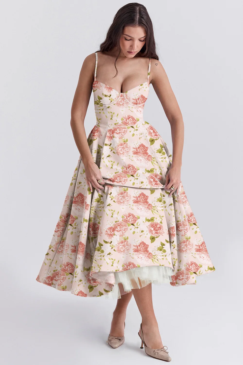 Women's A-Line Spaghetti Strap Mid-Calf Dress European And American Style Double-Layer Mesh Suspender Dress