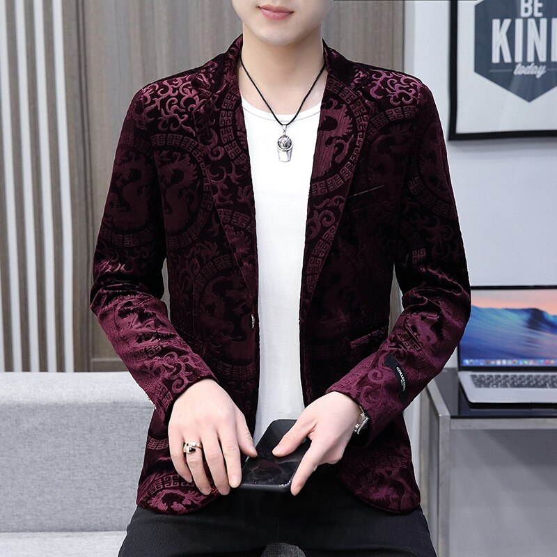 Spring Men's Printed Old Suit Handsome Small Suit for Men's South Korean Sight-fitting Evening Show Small Suit Jacket: Red / XL