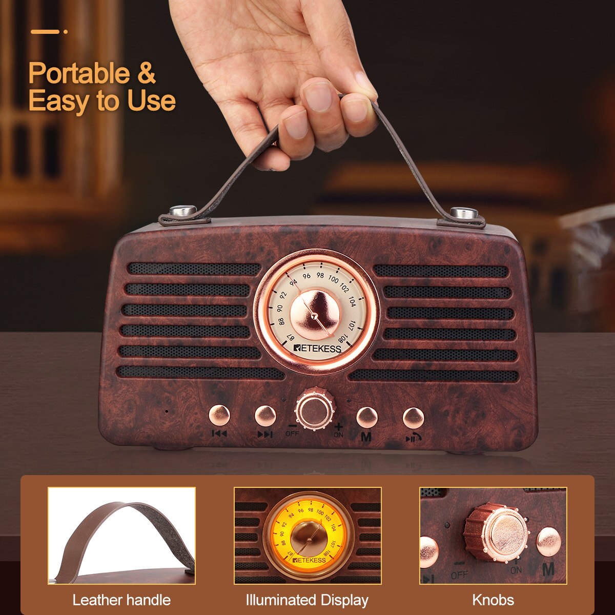 Retekess-receptor de Radio FM TR607 clásico Retro, decoración portátil, MP3, estéreo, Altavoz Bluetooth, AUX, USB, recargable