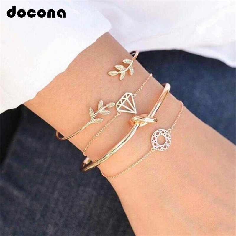 Docona 4 teile/satz Trendy Blatt Hand Manschette Gold Kette Geometrie Öffnen Armband set Frauen Charme Strand Schmuck Armbänder 6115