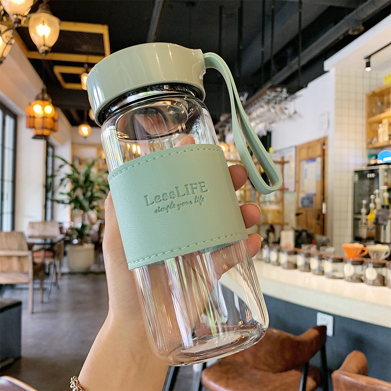 480Ml Glazen Wtaer Fles Met Thee-Infuser Isolatiehoes Riem Hoge Temperatuur Drink Mok Sap Koffie Cup Lekvrij: green